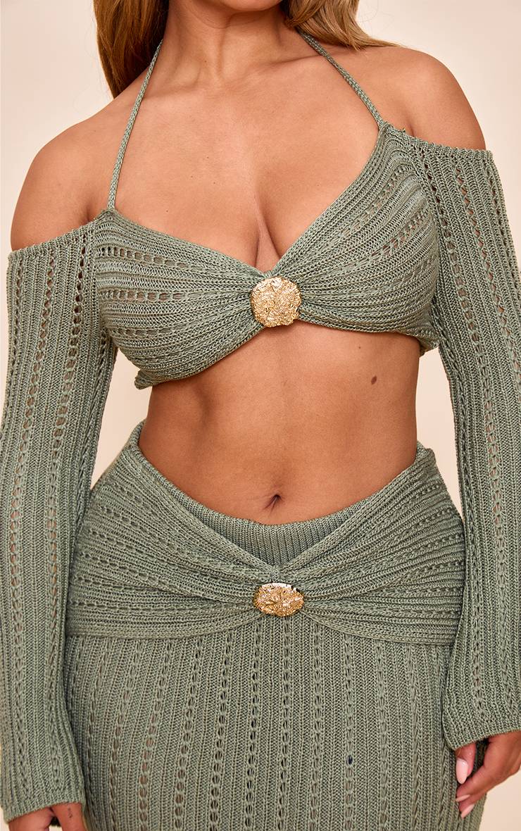 Kaki Top Court Shape Col Licou Au Crochet Avec Finition Martelée Dorée