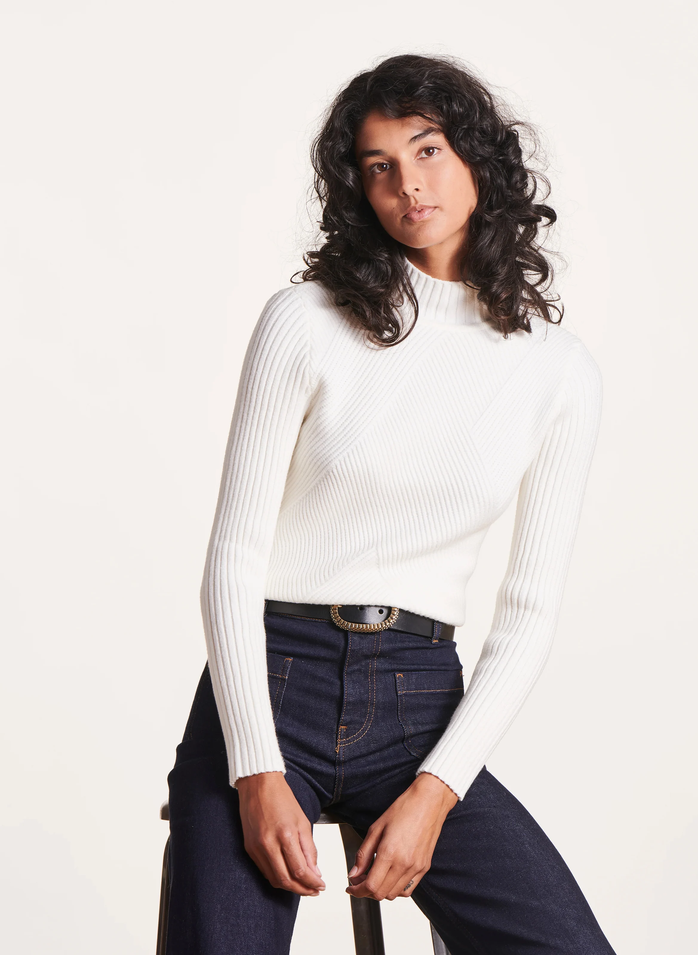 Pull col montant droit en maille | Blanc