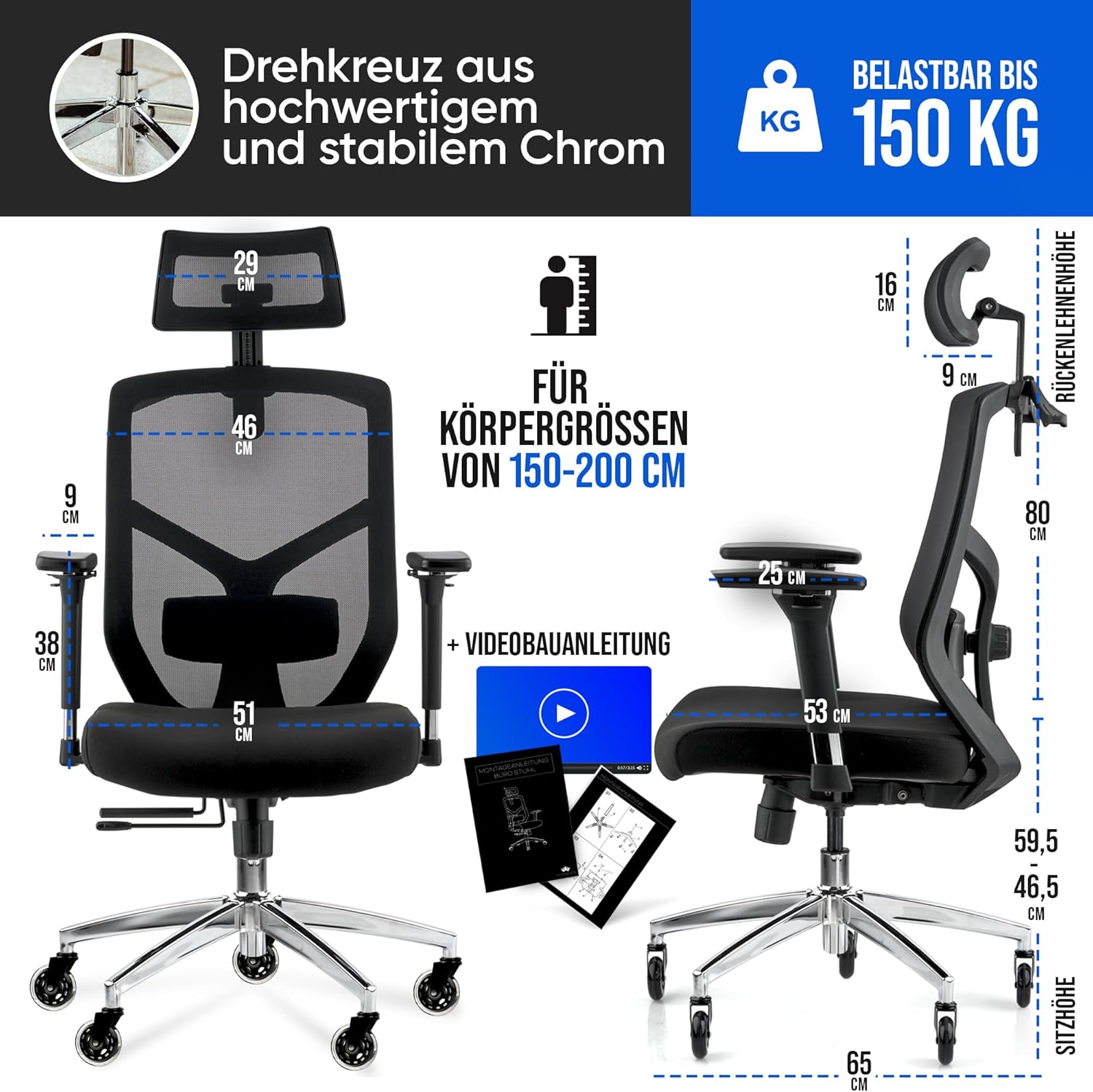 Bürostuhl Ergonomisch [TESTSIEGER] Kratzerfreie Rollen Atmungsaktiv | Ergonomischer Schreibtischstuhl | Büro Stuhl 150 kg Belastbar | Computerstuhl | Drehstuhl | Home Office Chair Ergonomic