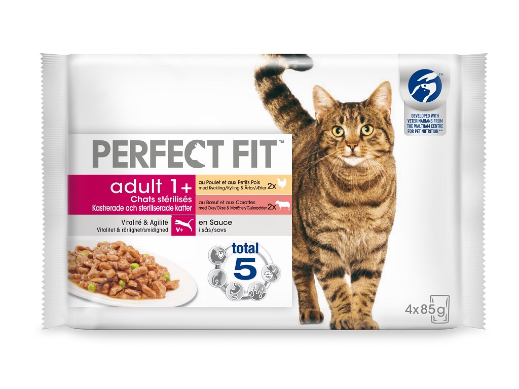 COMIDA HÚMIDA PARA GATO PERFECT FIT SAQUETAS COM GALINHA E VACA 4X85G