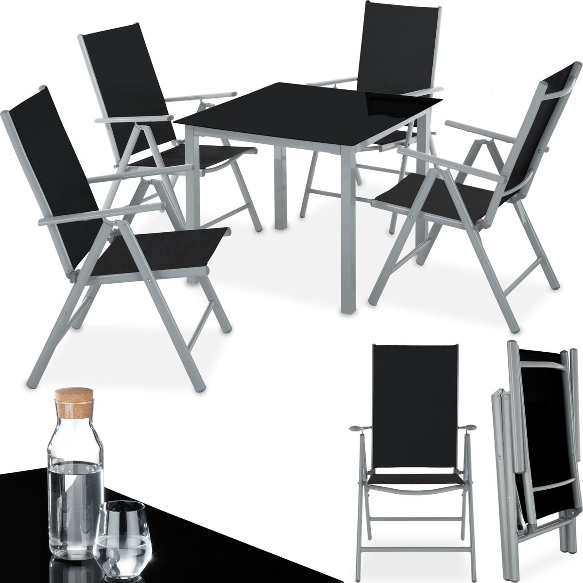 tectake Stabia zitgroep met aluminium frame, voor 4 personen, tafel met veiligheidsglasplaat en stelschroeven