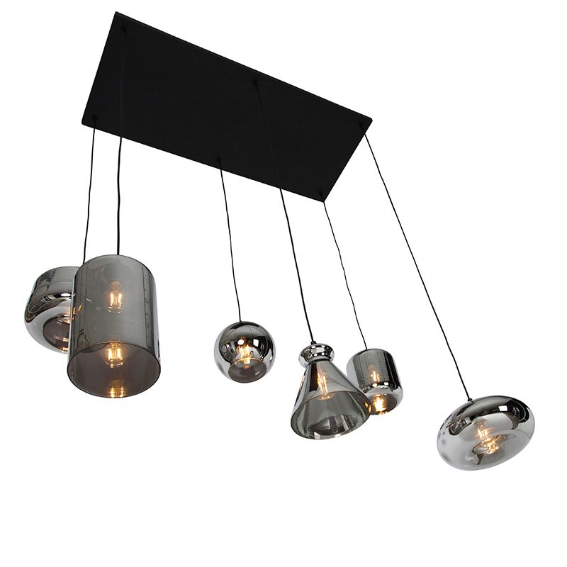Art deco hanglamp zwart met smoke glas 6-lichts - Wallace