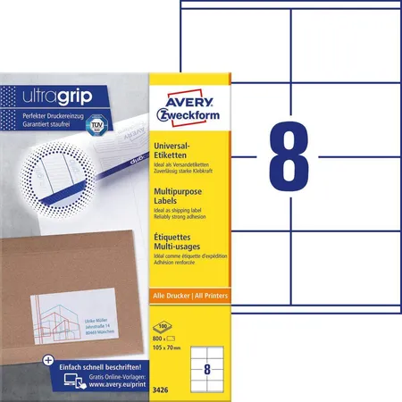 Avery Zweckform 3426 Universal-Etiketten,A4 mit ultragrip,105 x 70 mm, 100 Bogen/800 Etiketten, weiß