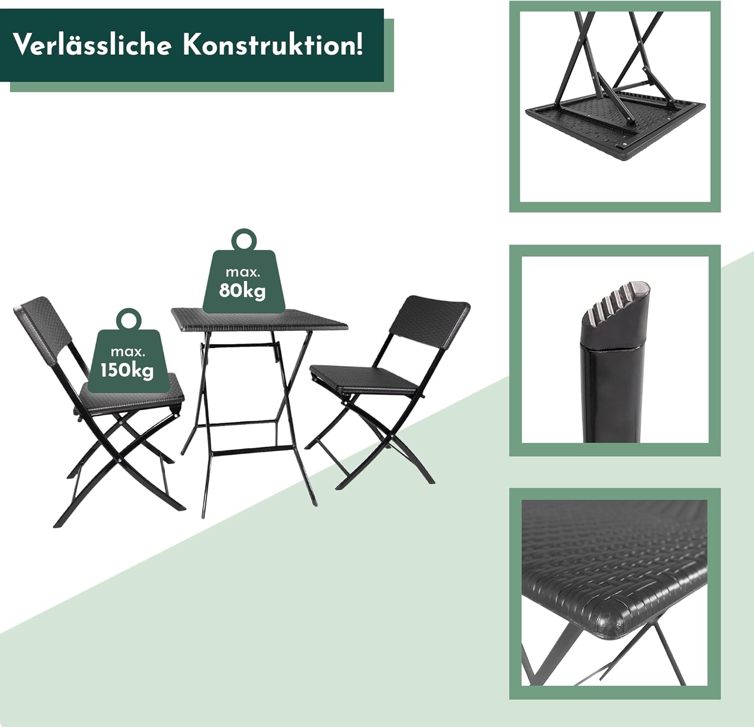 Lemodo Balkonmöbel Set 3-teilig bestehend aus 2X Balkon Stühle und 1x Balkontisch, Balkon Set für 2 Personen, klappbares Bistroset in Rattan-Optik, stabiles Balkonset