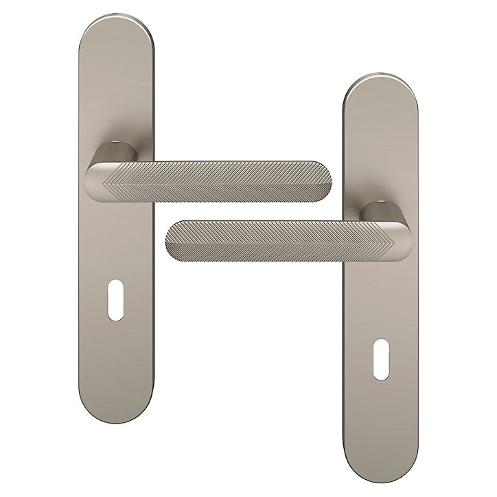 Ensemble poignée sur plaque rond serrure GoodHome Garlan effet nickel satin gris L.125mm x l.42mm entraxe 165-195mm