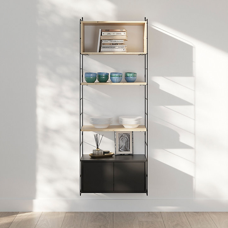 Étagère murale modulable avec 2 portes, étagère murale, 2 tablettes et 2 échelles noir et pin massif GoodHome Rigga H. 171,2 x L. 60 x P. 29 cm