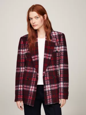 Blazer de corte reto com estampa xadrez tartan, unissex e abotoamento duplo.