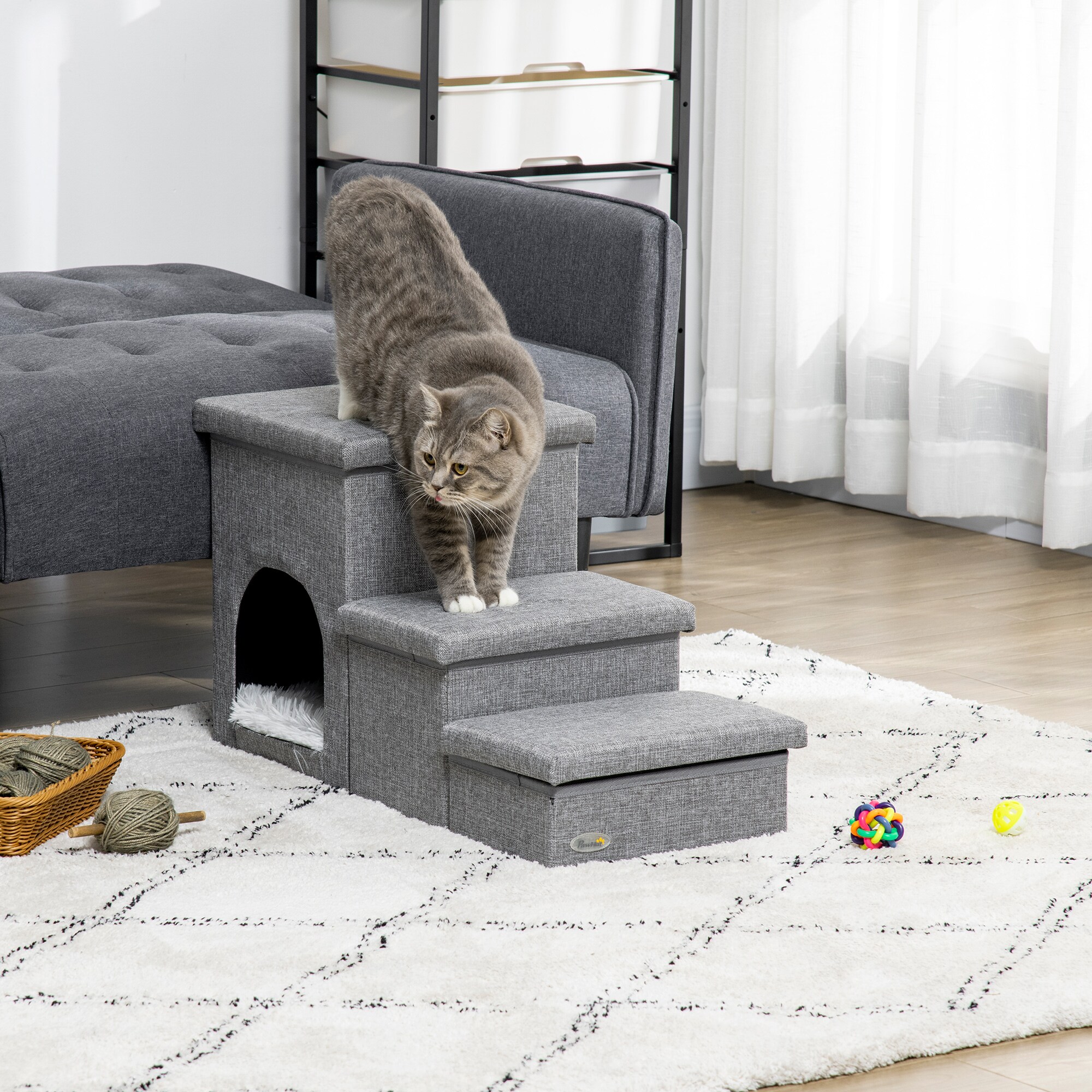 PawHut Hundetreppe mit einem Plüschkissen grau 73,5L x 33B x 40,5H cm