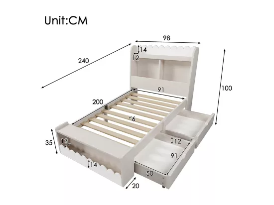 Lit simple enfant 90x200 cm avec tiroirs, étagères et banc avec espace de rangement, blanc + chêne