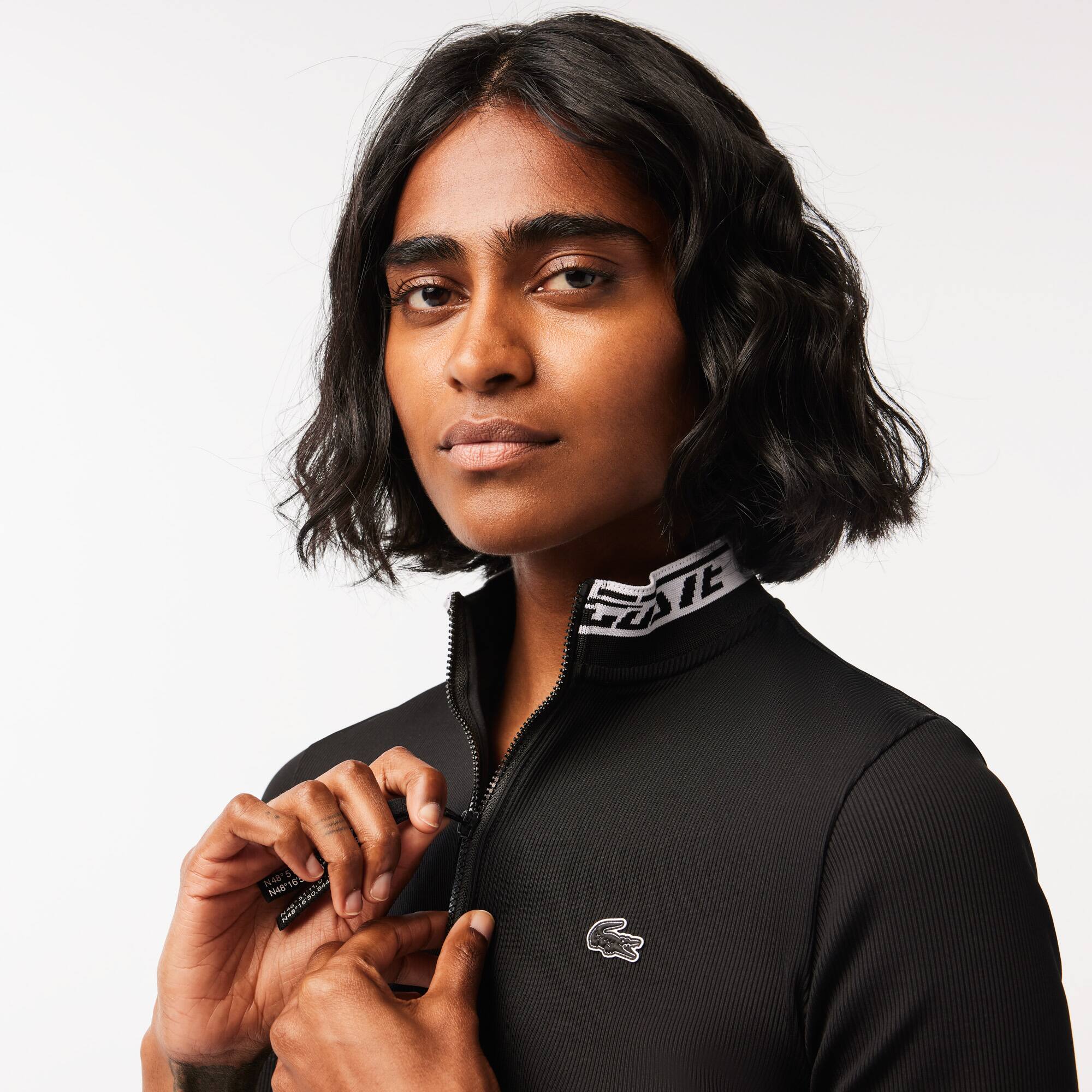 Polo col zippé en jacquard femme Lacoste Manches Courtes - Noir - Lacoste - Femme