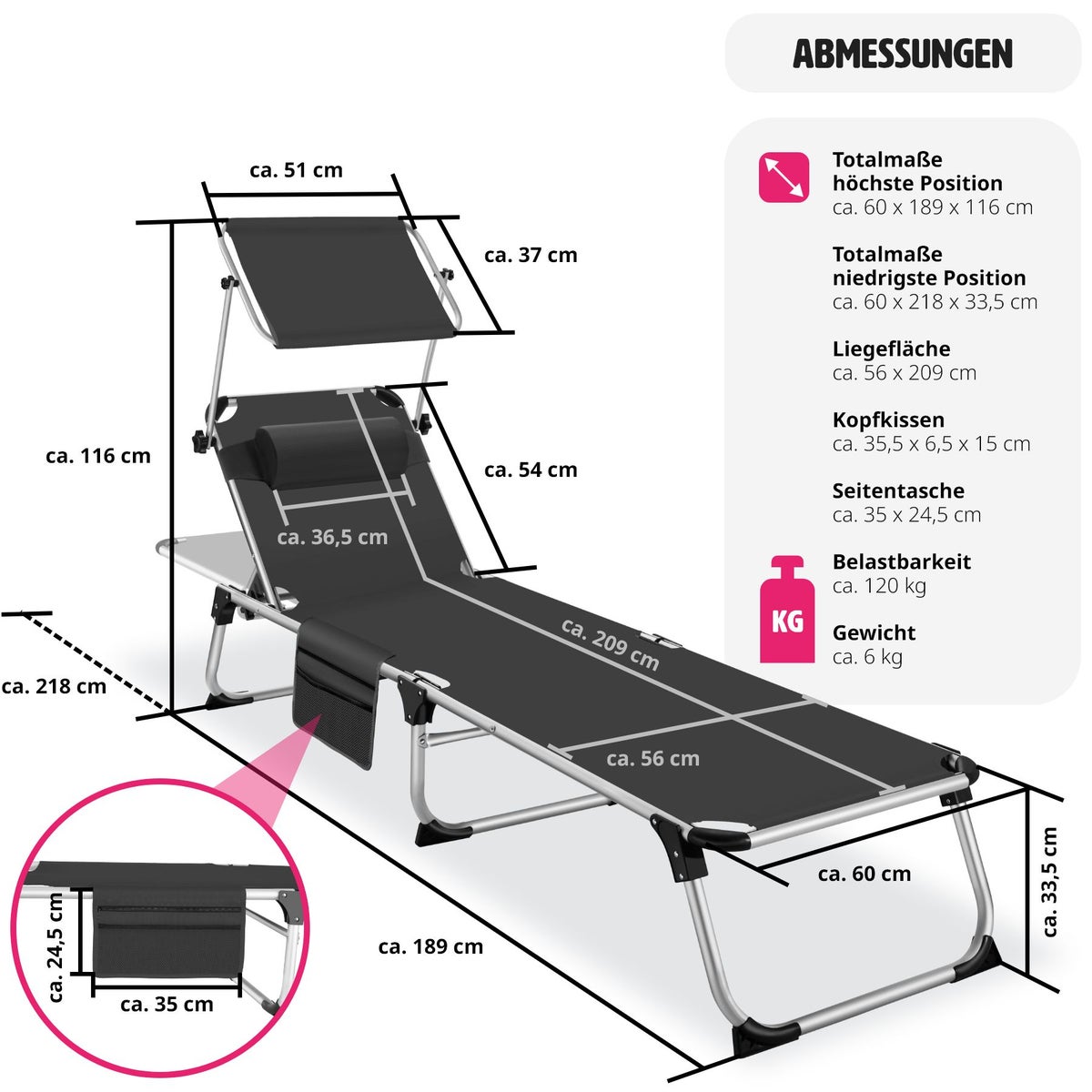 tectake Aurelie opvouwbare zonnestoel met hoofdsteun, 218 x 60 x 33,5 cm, inclusief zijvak