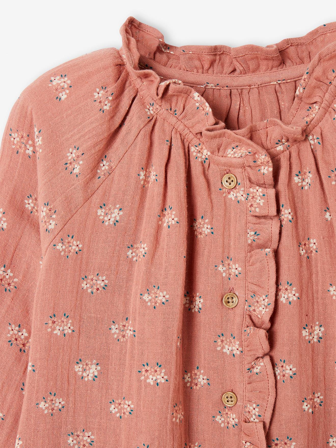 Blusa infantil de chiffon de algodão com babados e estampa floral, cor terracota personalizável.