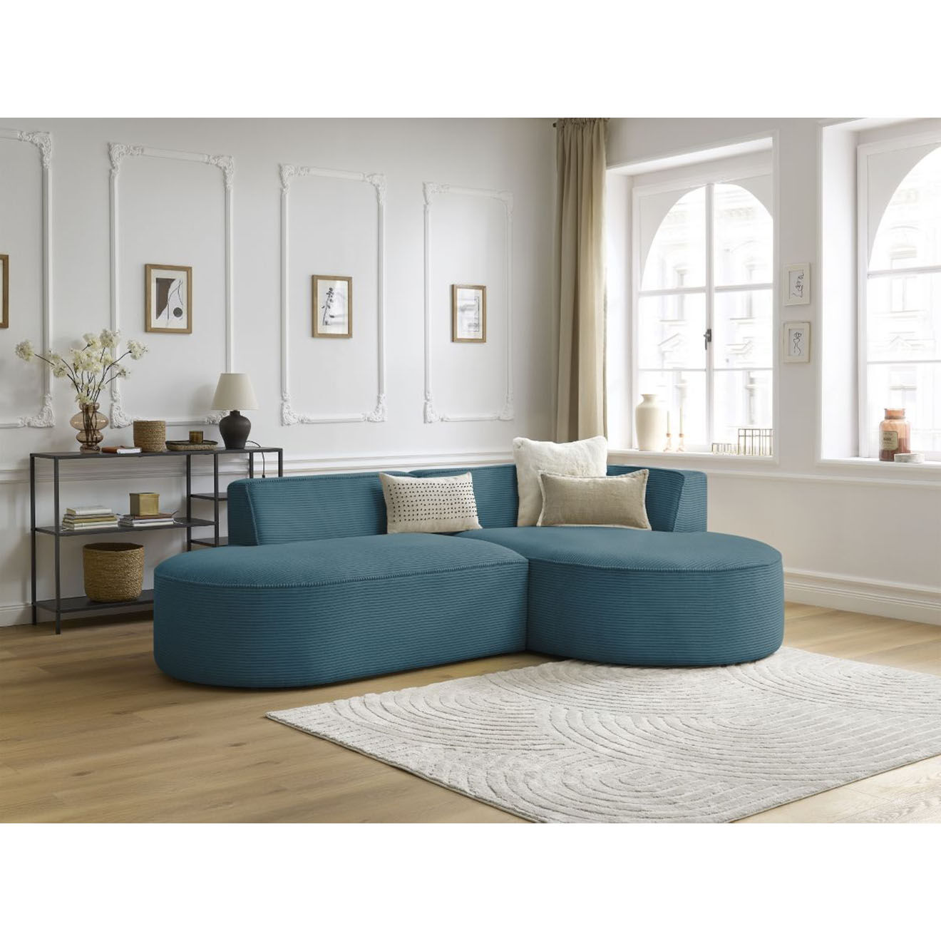Bobochic Canapé d'angle droit fixe 4 places Rousseau texturé bleu foncé - 250x160x72 cm