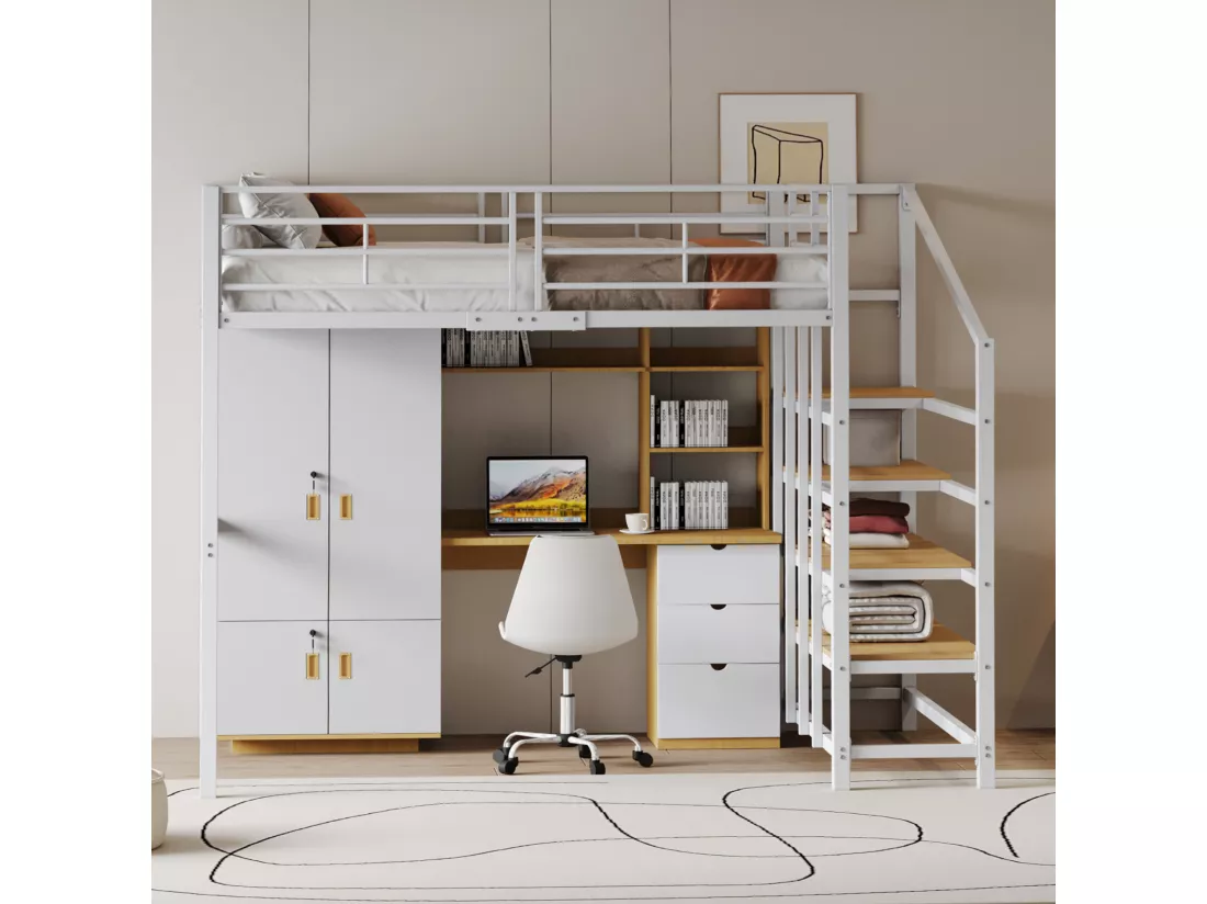 Lit mezzanine 140 x 200 cm avec grand escalier - Métal + Contreplaqué + MDF - Sommier à lattes - Blanc