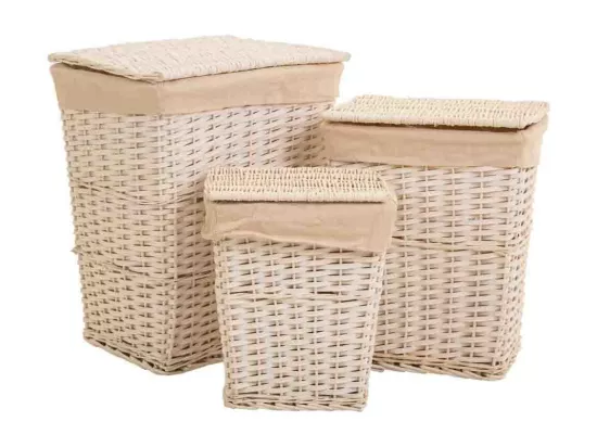 Ensemble de 3 paniers à linge en osier blanc doublés