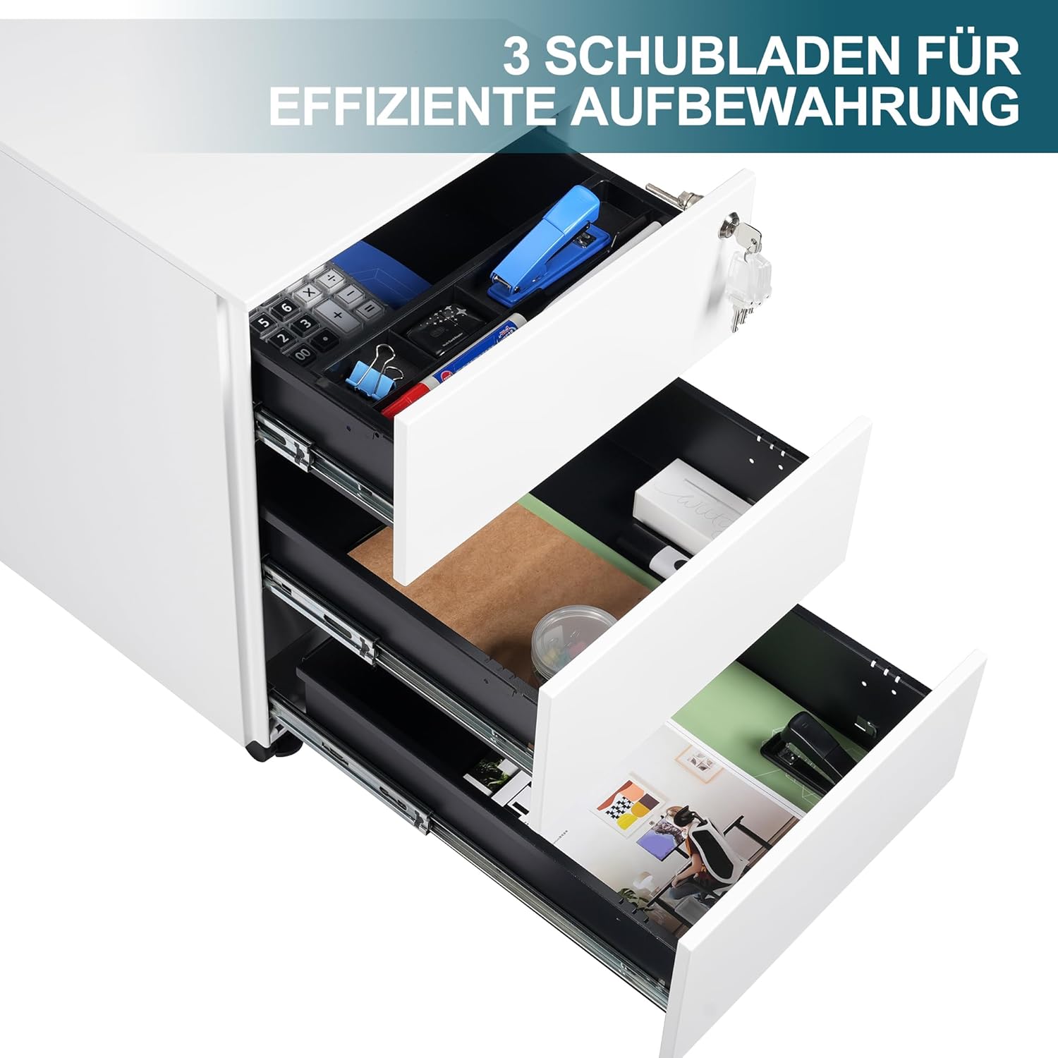 Rollcontainer mit Schubladen, Mobiler Aktenschrank unter Schreibtisch, Abschließbarer Büroschrank, Druckertisch, 3 Schubladen 4 Schlüssel, Vormontiert, Büro, Homeoffice, Weiß