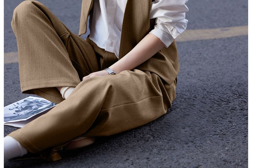 Jeonseon - Set: V-hals effen dubbelrijs vest + middelhoge effen wijde broek