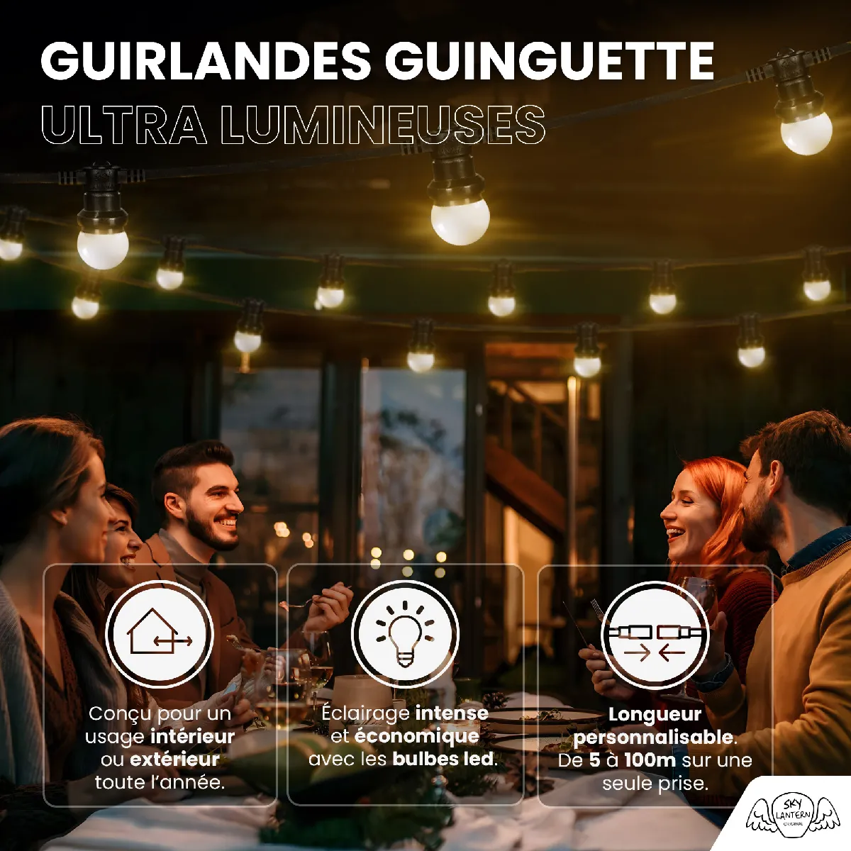 SkyLantern Skylant Guirlande Guinguette IP65 20M 60 Bulbes Blancs