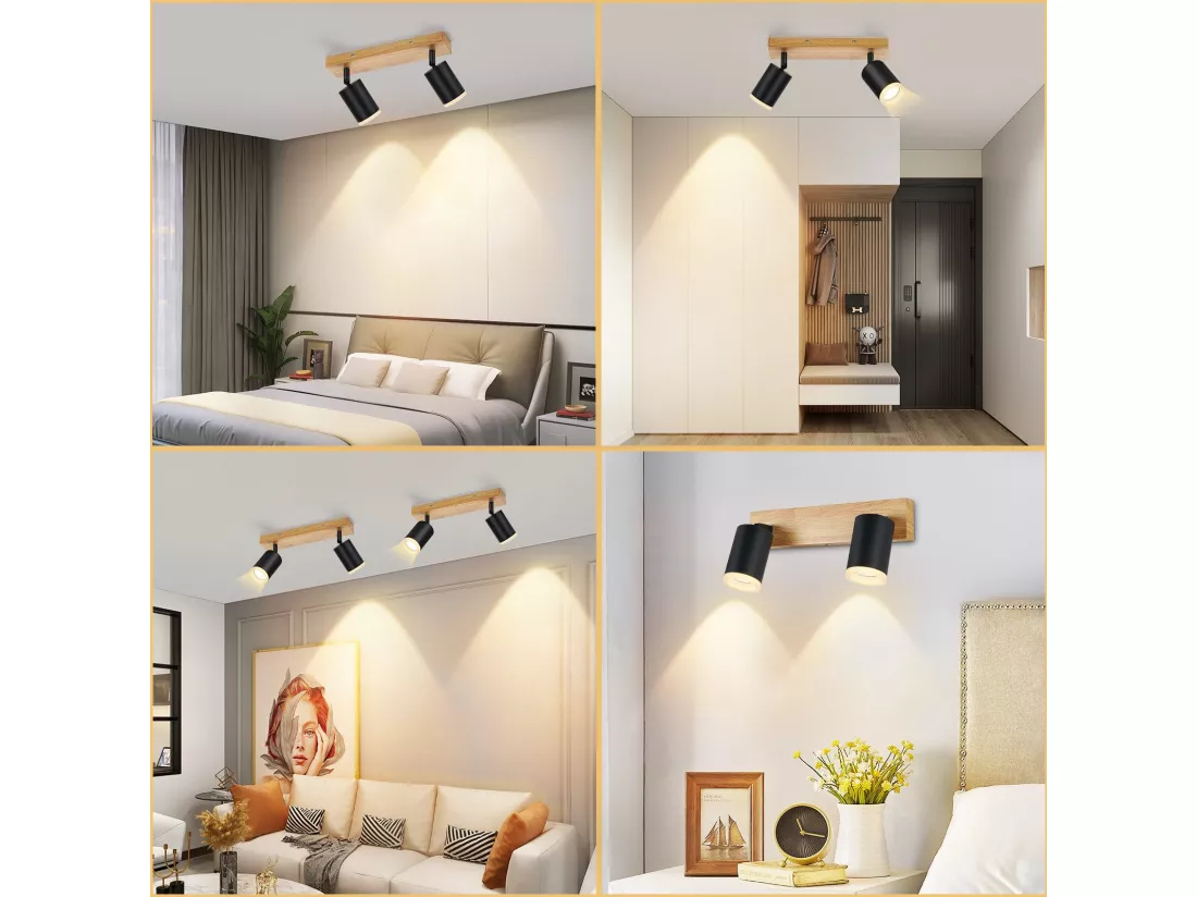 NETTLIFE Spot de plafond noir GU10 spot mural en bois vintage pivotant sans ampoule orientable à 350° industriel