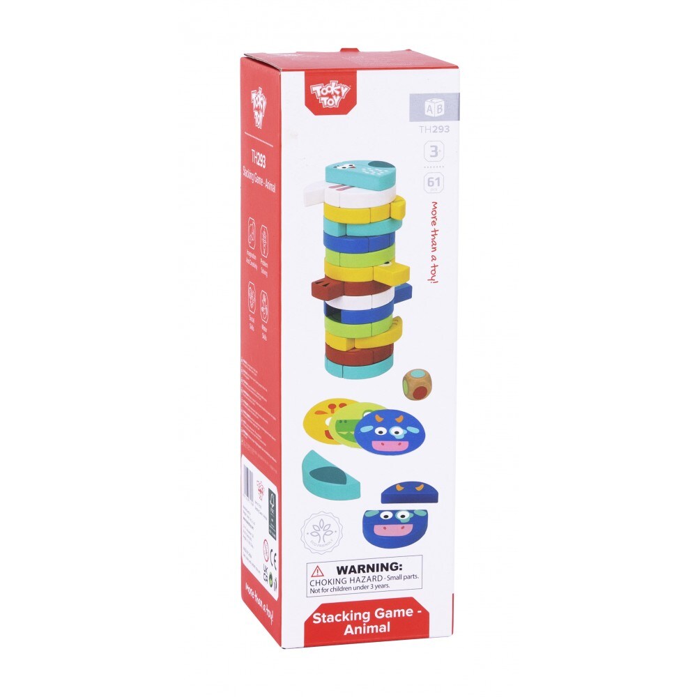 Tooky Toy Stapelturm TH293 Höhe 25 cm, 61-teilig, Tiere, Würfel, Wackelturm bunt