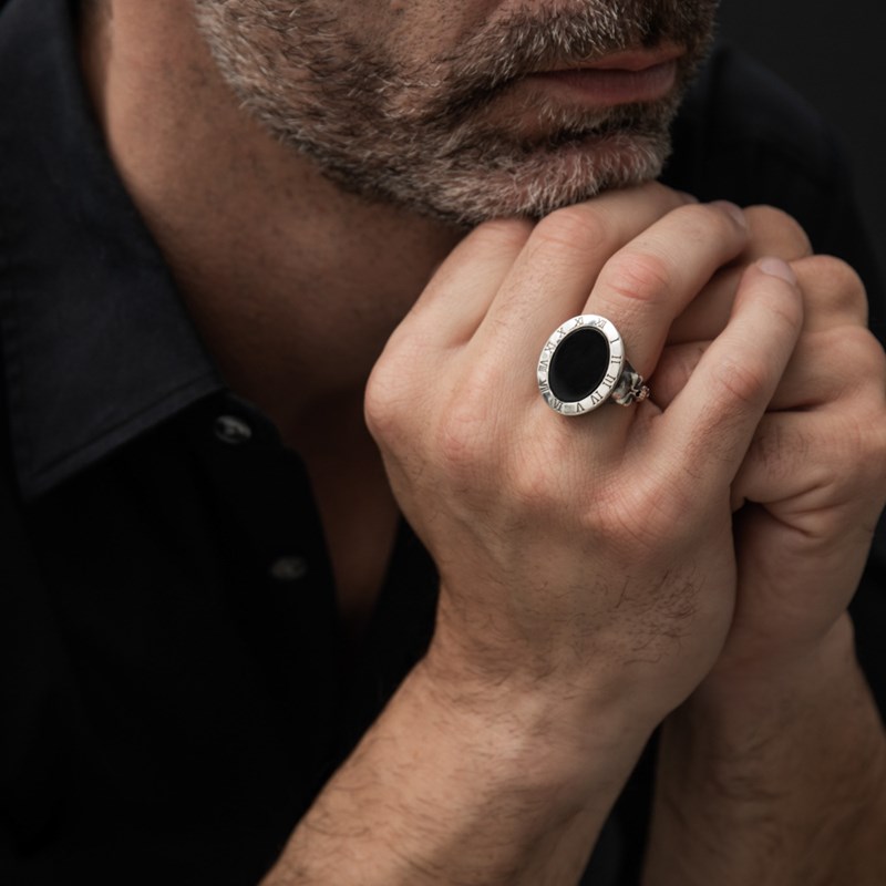 Bague Homme Chevalière Argent Pierre Onyx Têtes De Mort Memori Mento