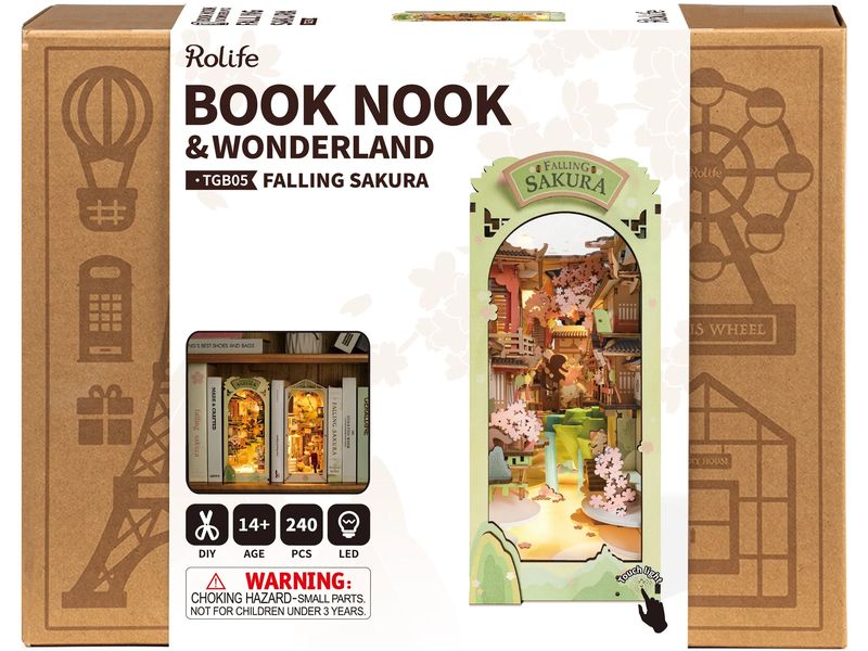 RoboTime Bausatz Book Nook Falling Sakura 3D-Puzzle aus lasergeschnittenen Holzteilen