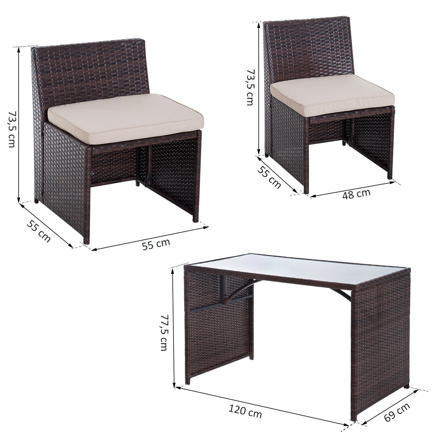 Outsunny Polyrattan Garnitur als 5-teiliges Set braun, cremeweiß 120 x 69 x 77,5 cm (LxBxH)