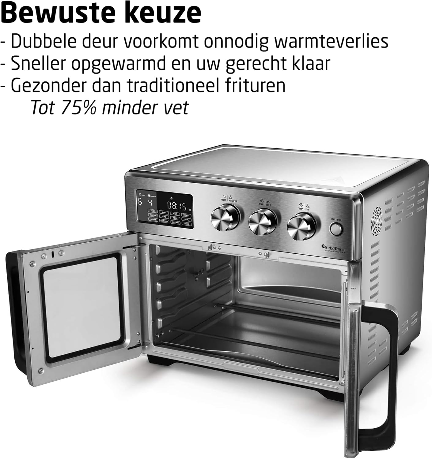 TurboTronic Mini Backofen - 4in1 Heißluftofen und Heißluftfritteuse XXL Version 32L inkl. Drehspieß & viel Zubehör, Dörrgerät ab 25°C & Grill, Airfryer, kleine Mini Tisch Back Pizzaofen (silber)