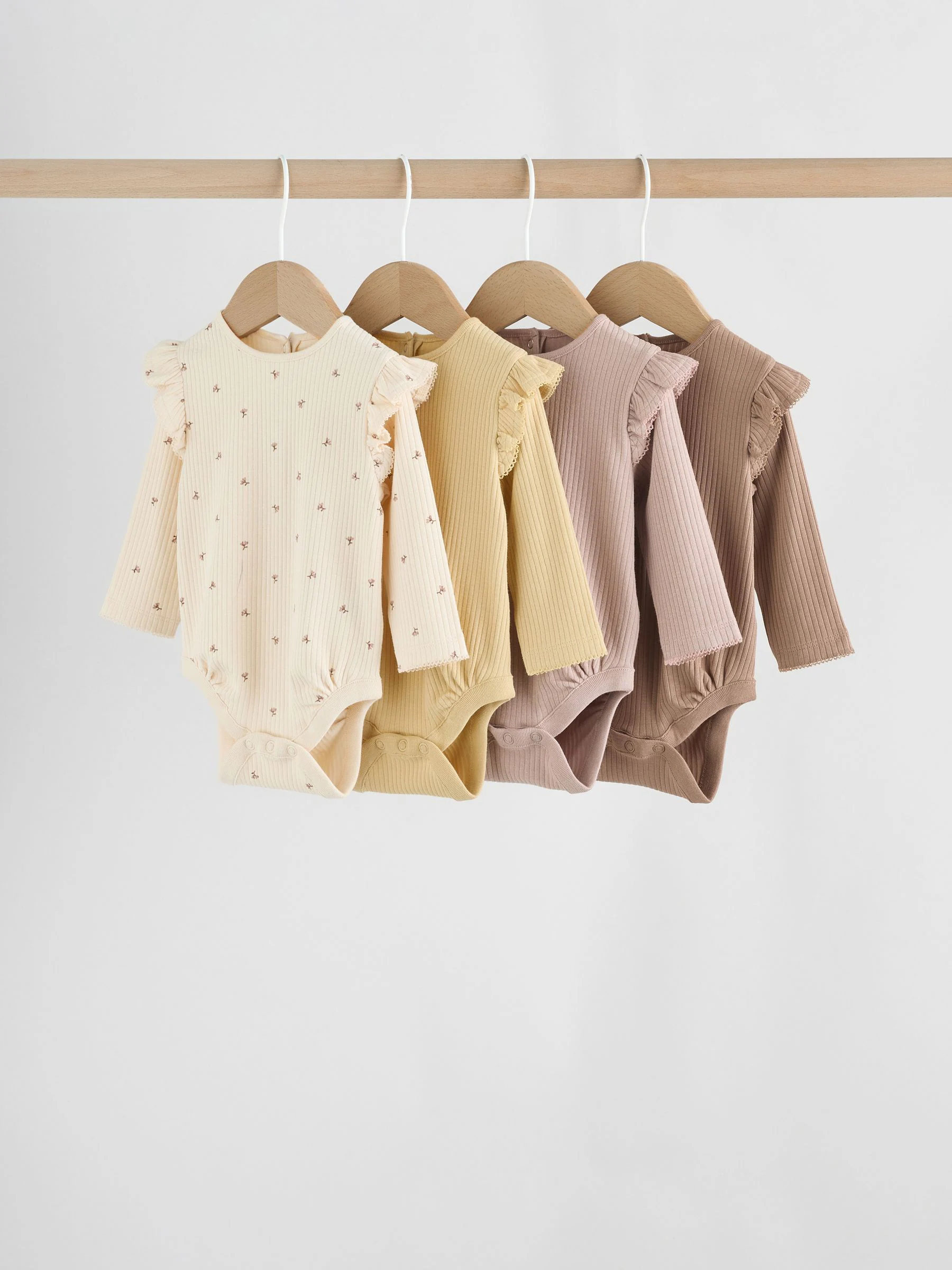 Paars/geel/crème met fijne print - Verpakking van 4 babyrompers met lange mouwen en ruches (0mnd-2jr)