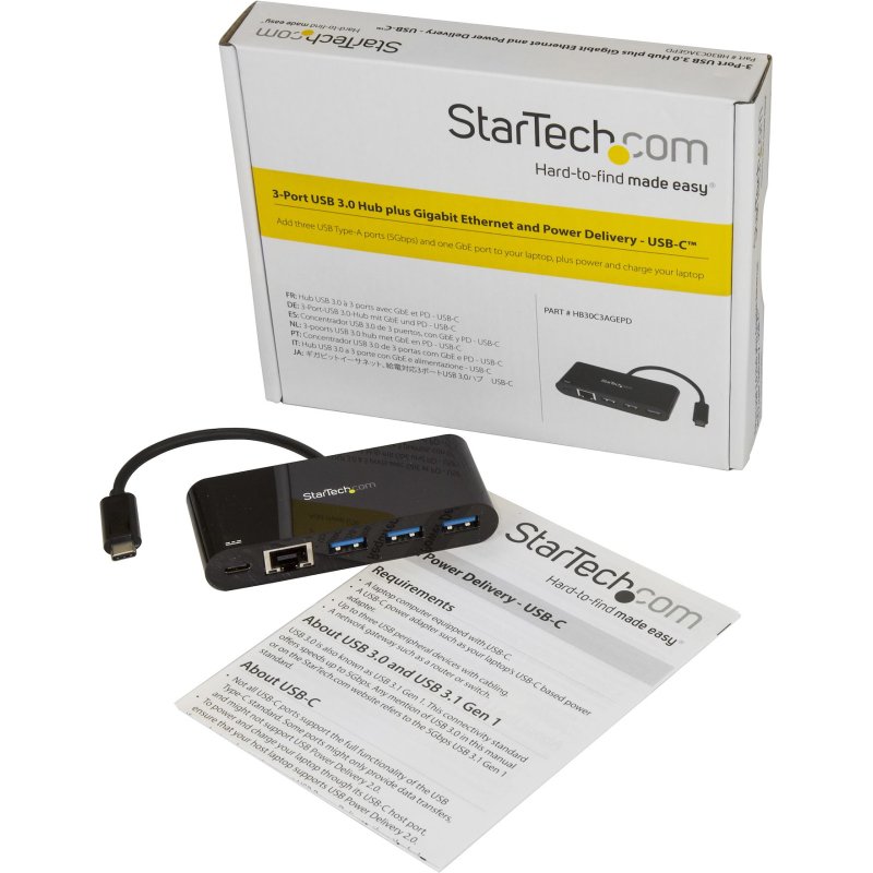 StarTech.com Hub USB 3.0 3 Ports avec Gigabit Ethernet et Alimentation Passthrough 60W - USB-C vers 3 x USB-A (USB 3.0 SuperSpeed 5Gbps) - Hub Adaptateur USB 3.2 Gen 1 Type-C