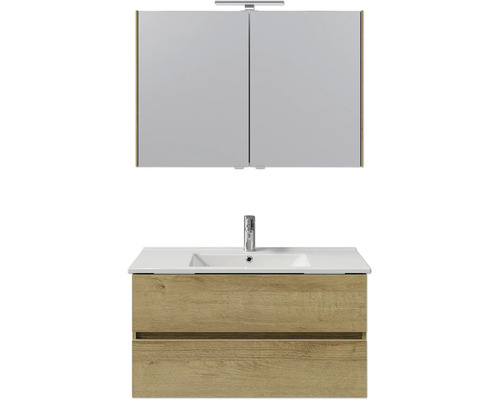 Badkamermeubelset Pelipal Cavallino (B x H x D 100 x 200 x 46 cm), frontkleur: Riviera eiken, met witte keramische wastafel, badmeubel en spiegelkast met LED-verlichting