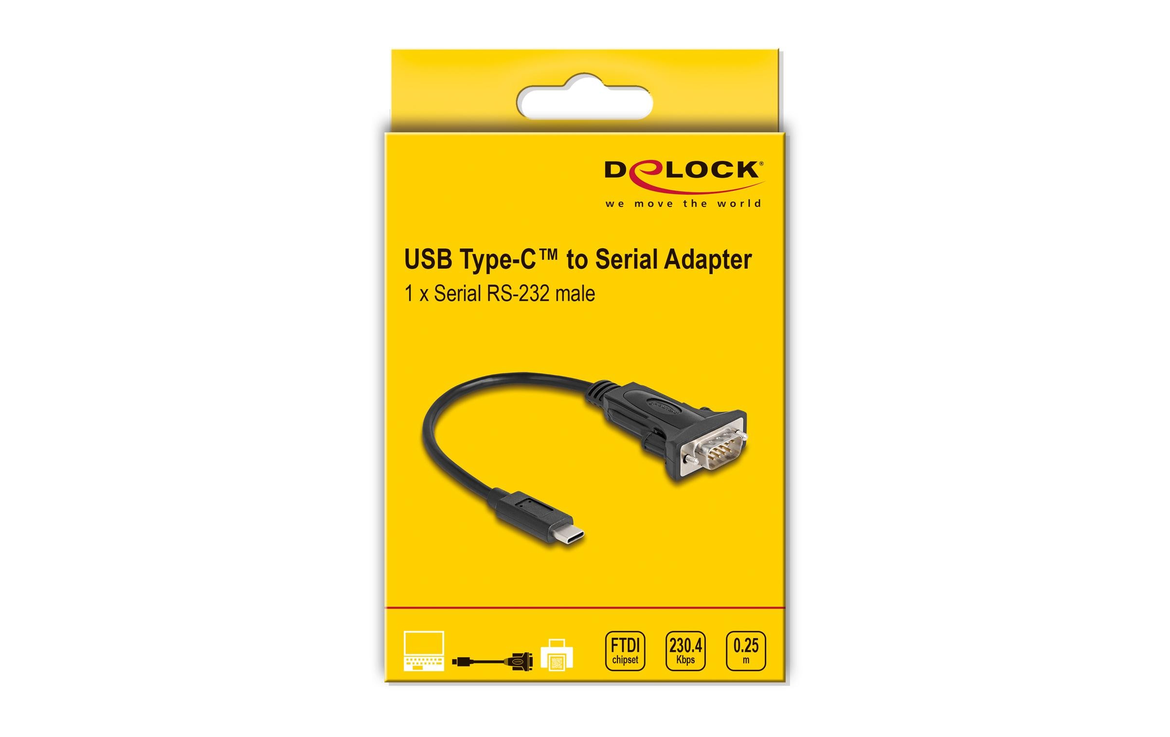 Serial-Adapter USB-C – RS-232 D-Sub 9 Pin mit Schraube 0.25mDelock Adapter USB Type-C zu 1 x Seriell RS-232 D-Sub 9 Pin Stecker mit Schrauben 0.25 m