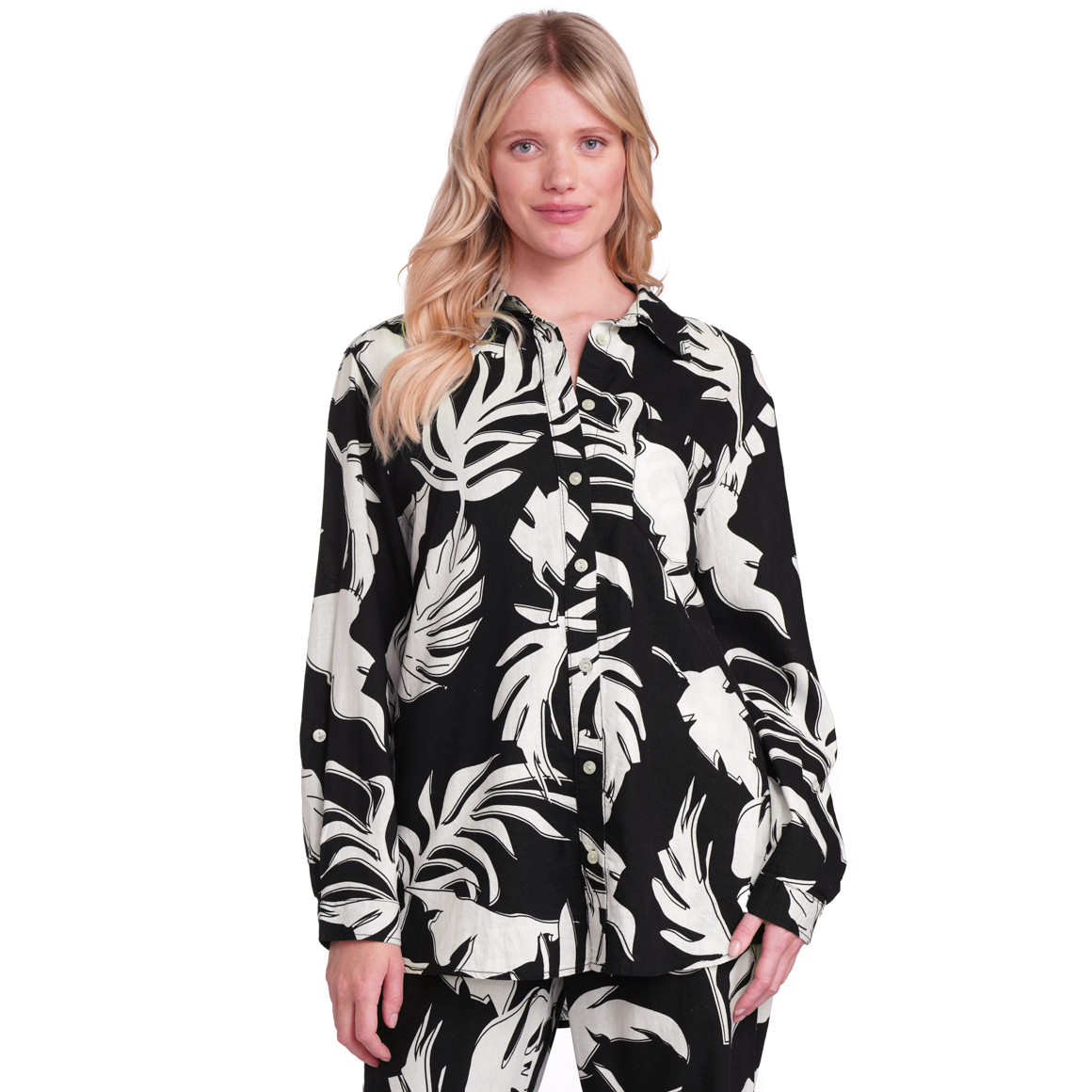 Gina Benotti Damen Leinen-Bluse mit Hemdkragen schwarz / weiss