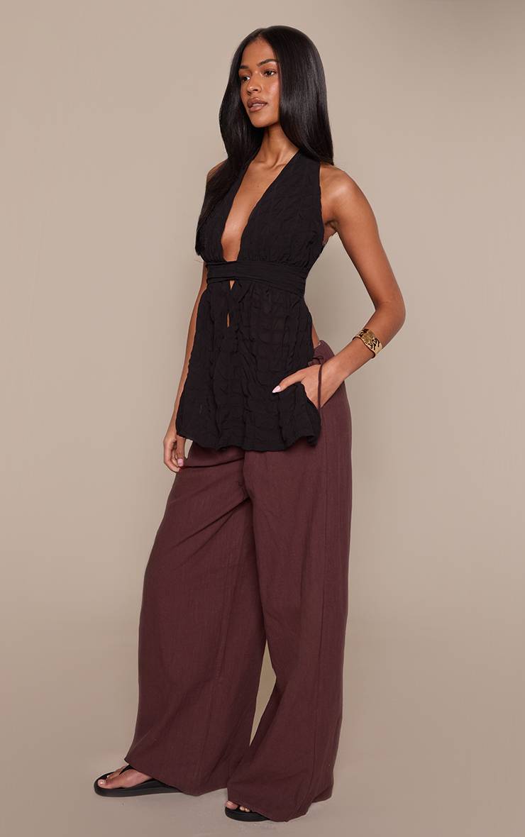 Chocolat Pantalon Large Taille Haute En Lin Premium Avec Détail De Liens Latéraux