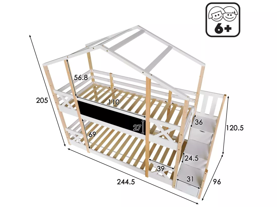 Lit superposé cabane en pin massif avec barrières anti-chutes + échelle de rangement + tableau noir - 90x200cm - Naturel & Blanc