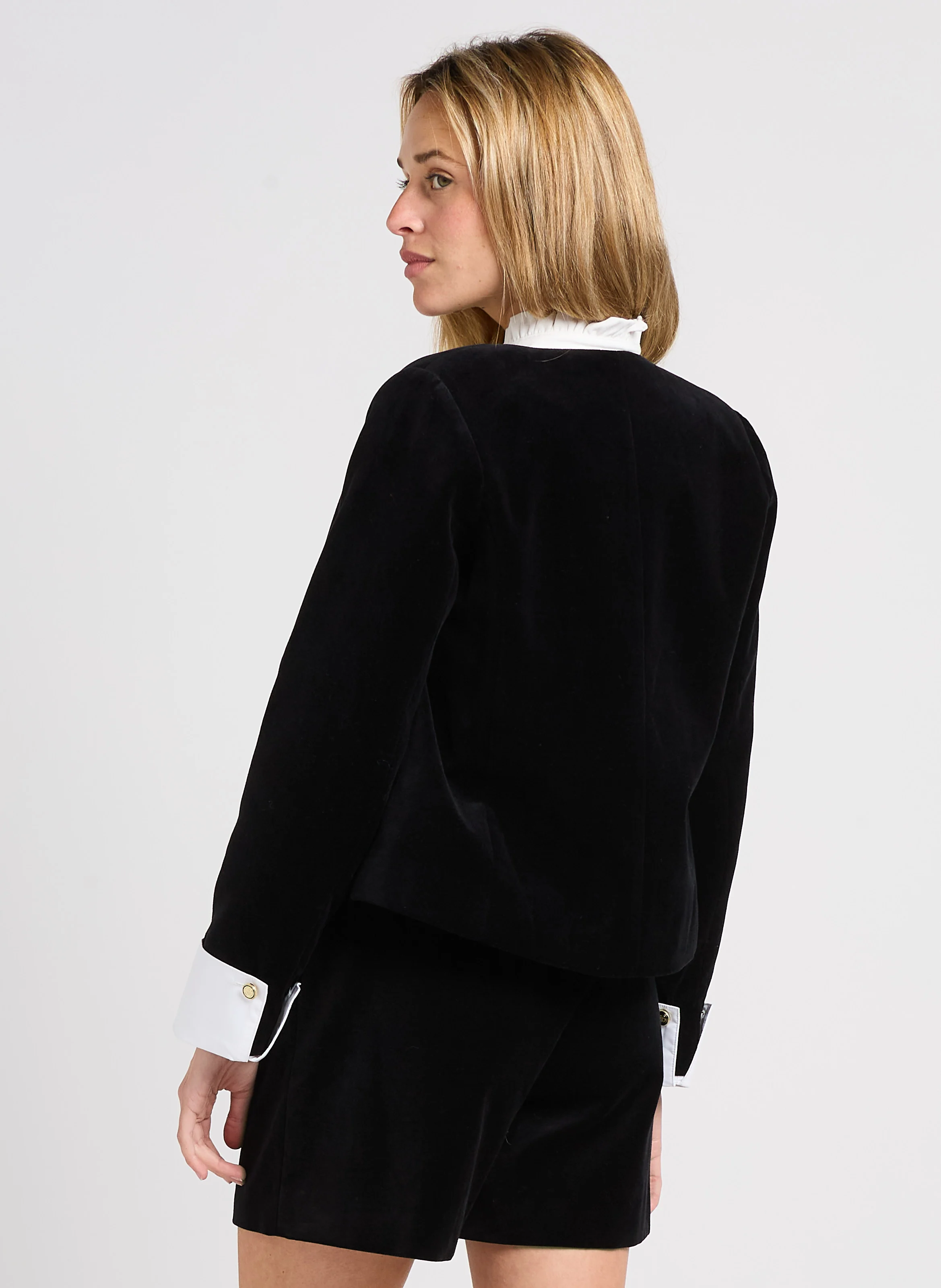 DALLAS - Veste droite courte col rond en coton | Noir