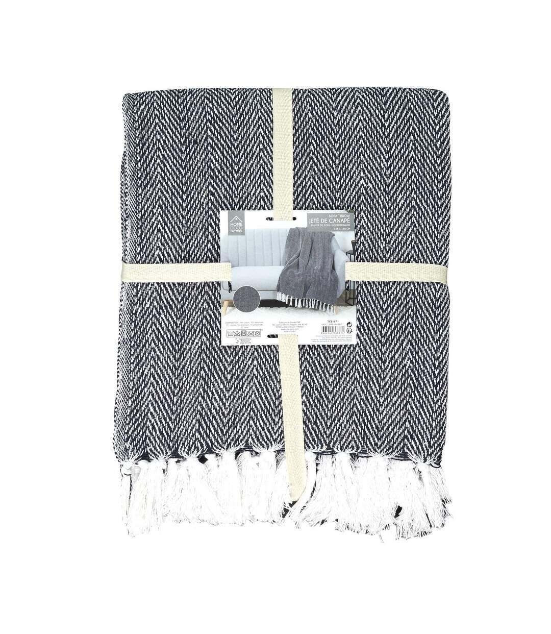 Plaid imprimé géométrique avec franges nouées - 125x150cm - Bleu Marine