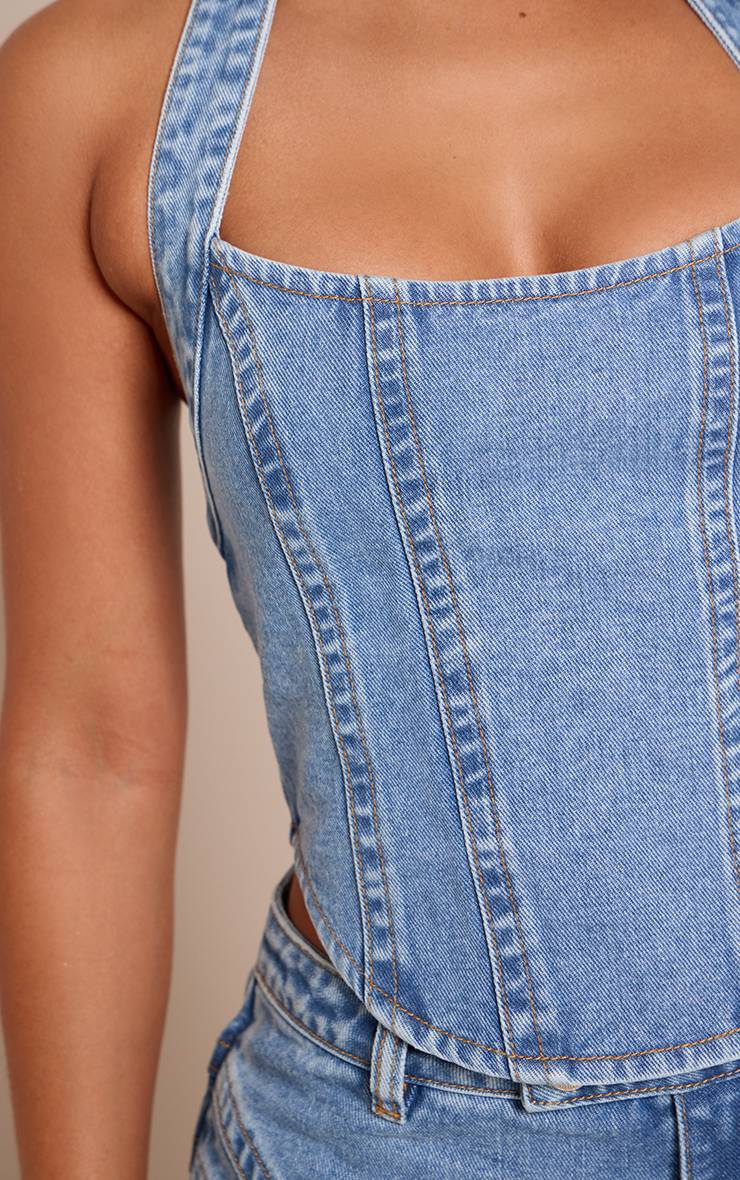 Mid Blue Wash Haut En Denim Ajusté À Col Licou Avec Détails De Coutures Bleu Moyen Petite