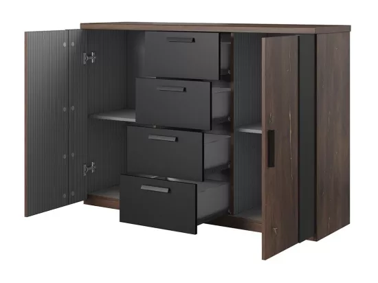 Chambre complète FOX – Armoire 200 cm, Lit 180x200 sommier inclus, Commode, Chevets – Chêne foncé