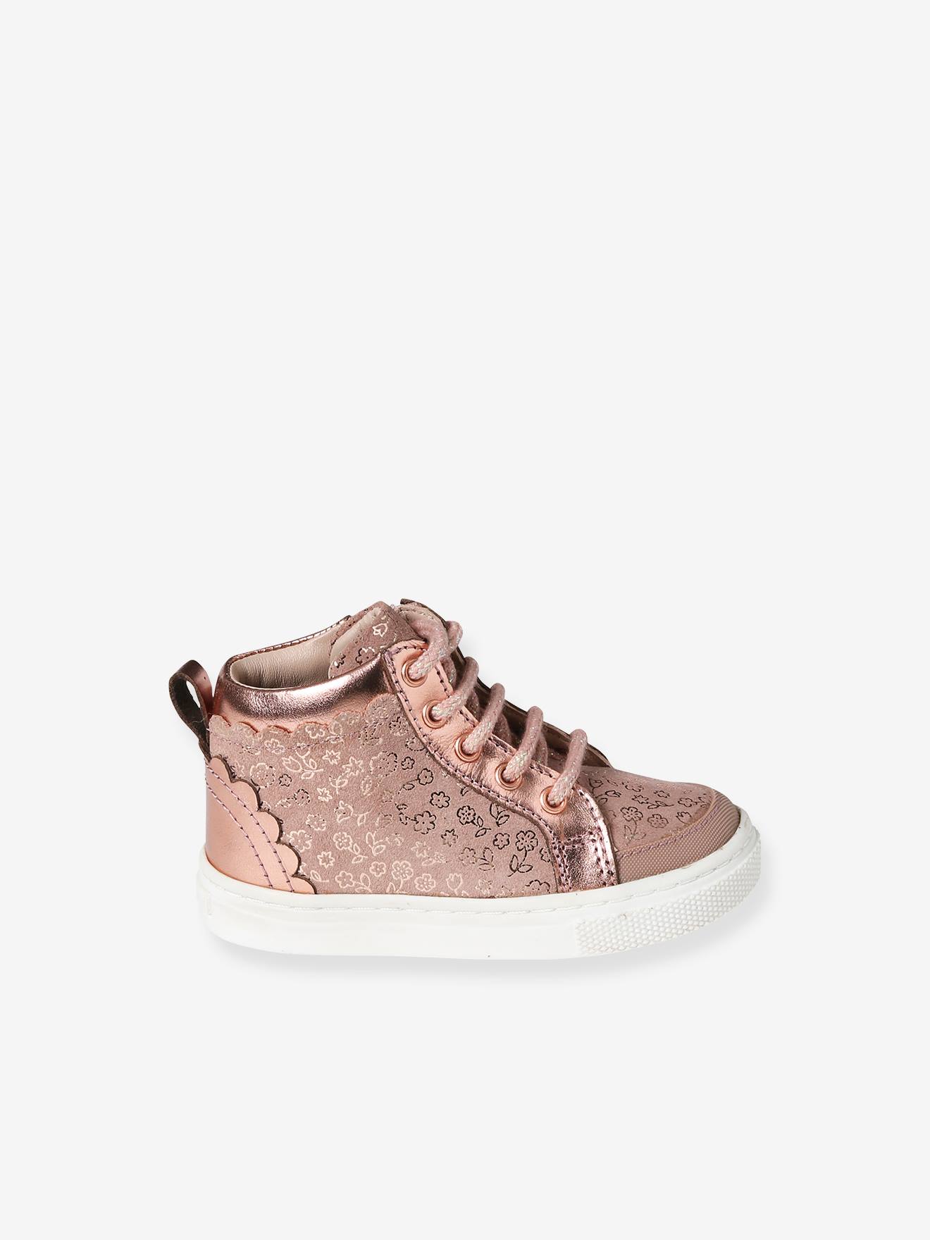 Tênis de cano alto rosa com estampa, cadarço e zíper para bebê