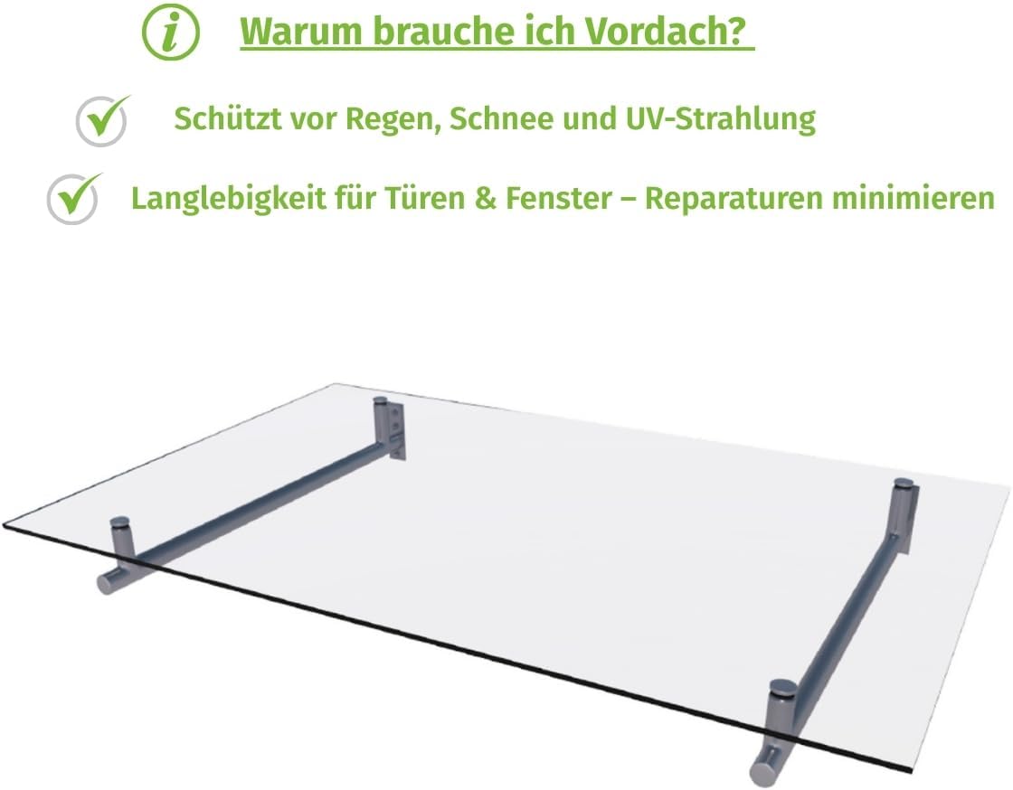 HORI Vordach für Haustür - Eingangstür Überdachung UV-Schutz - Sicherheitsglas Edelstahl Träger Silber - Pultvordach Eingangsbereich - Sonnenschutz wetterfest pflegeleicht - Silber 140 x 80 cm
