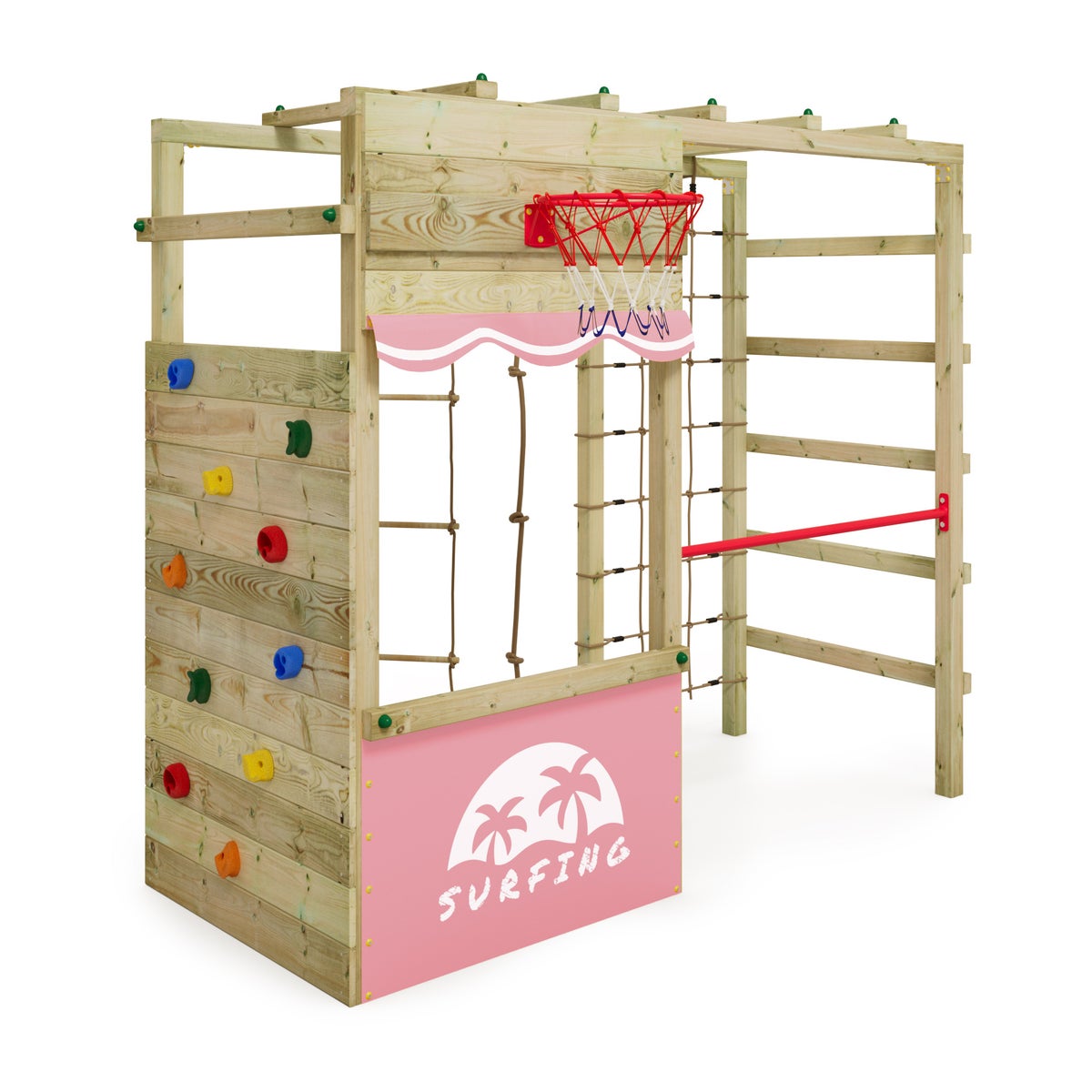 WICKEY Klimrek Speeltoren Smart Action Tuin Speeltoestel met Klimwand en Speelaccessoires – Pastelroze