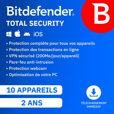 Bitdefender total security - Code d'activation envoyé par email valable pour 10 appareils pendant 2 ans