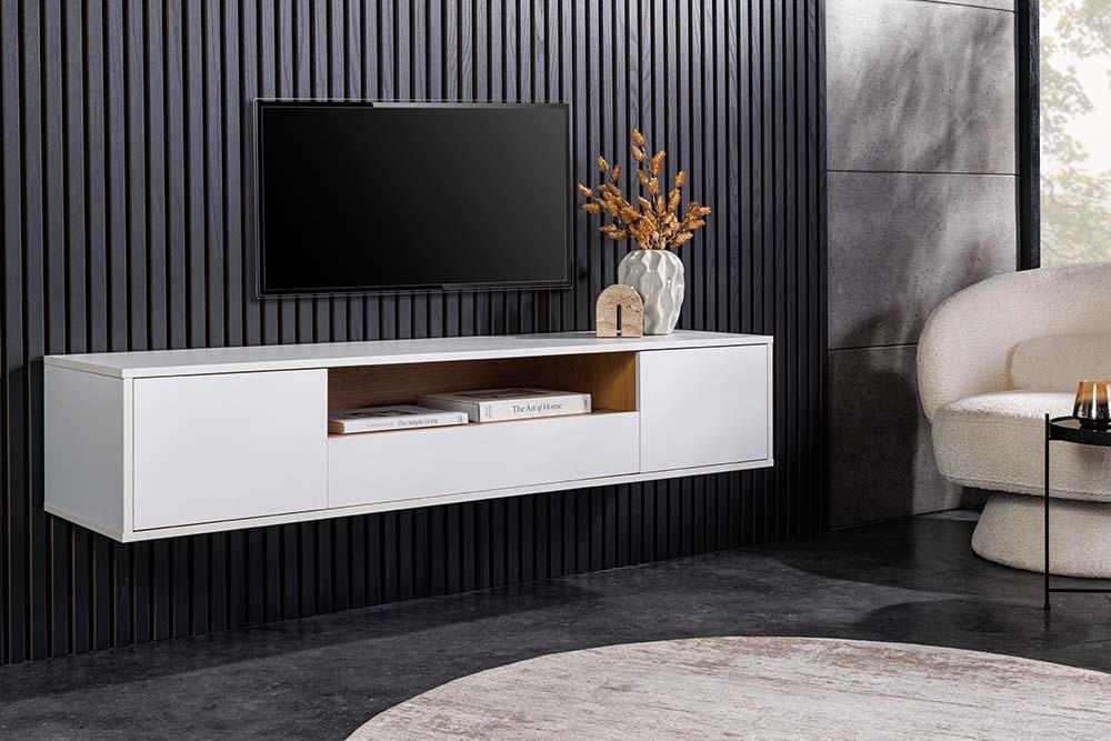 Hängendes TV-Board LOFT 150cm weiß natur fünf Fächer mit Schublade