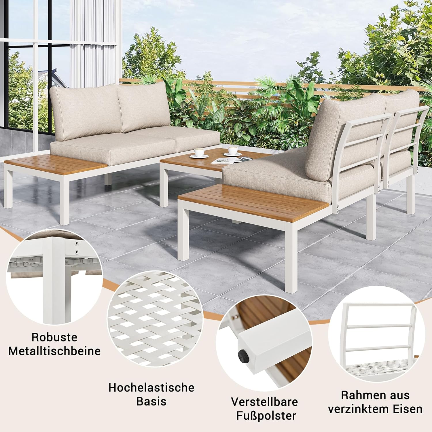 Merax Gartenmöbel Set 4-Personen, Lounge Sitzgruppe Outdoor mit Tisch, Ecksofa-Set aus verzinktem Eisen & Massivholz, für Garten Balkon Terrasse, inkl. Kissen, wetterfest Gartenlounge Set, Beige
