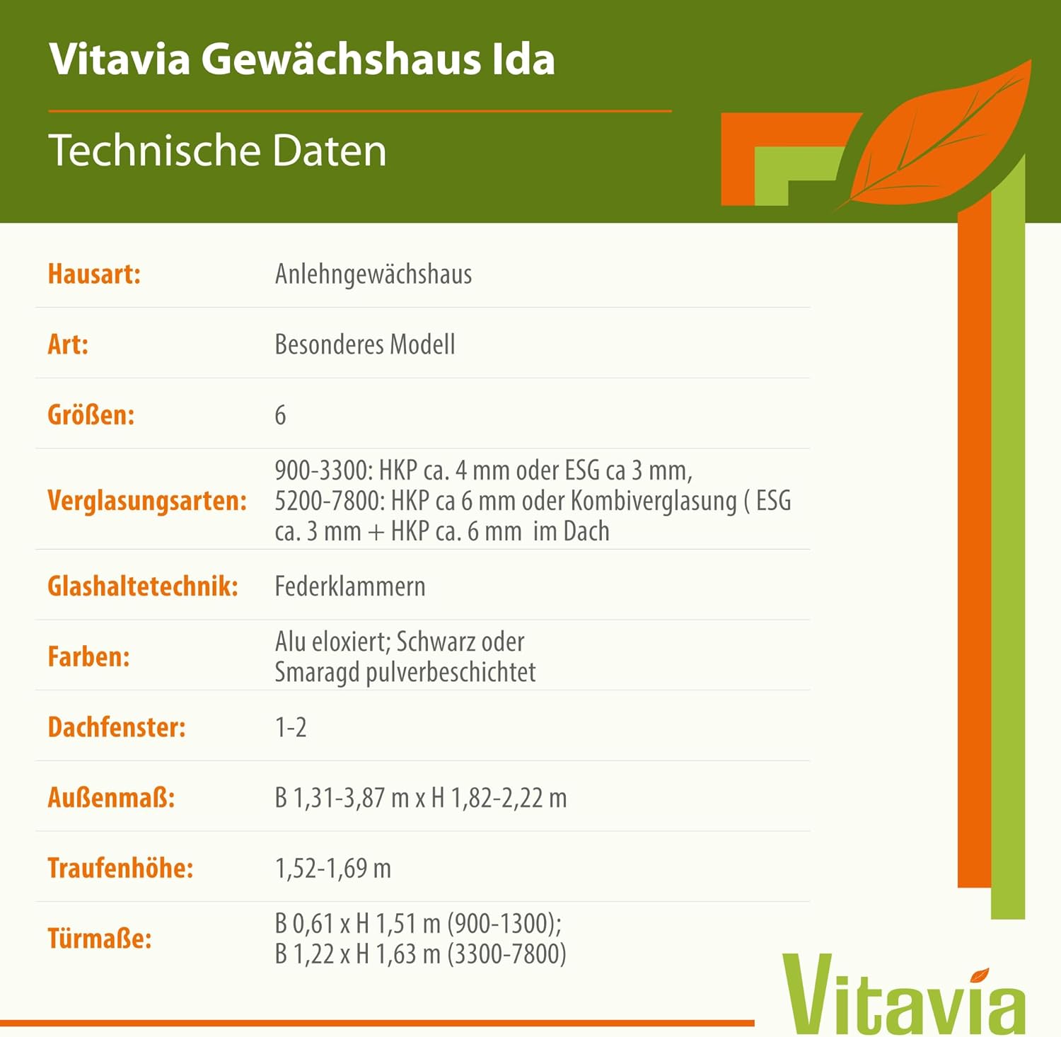 Vitavia Anlehn-Gewächshaus Ida 900