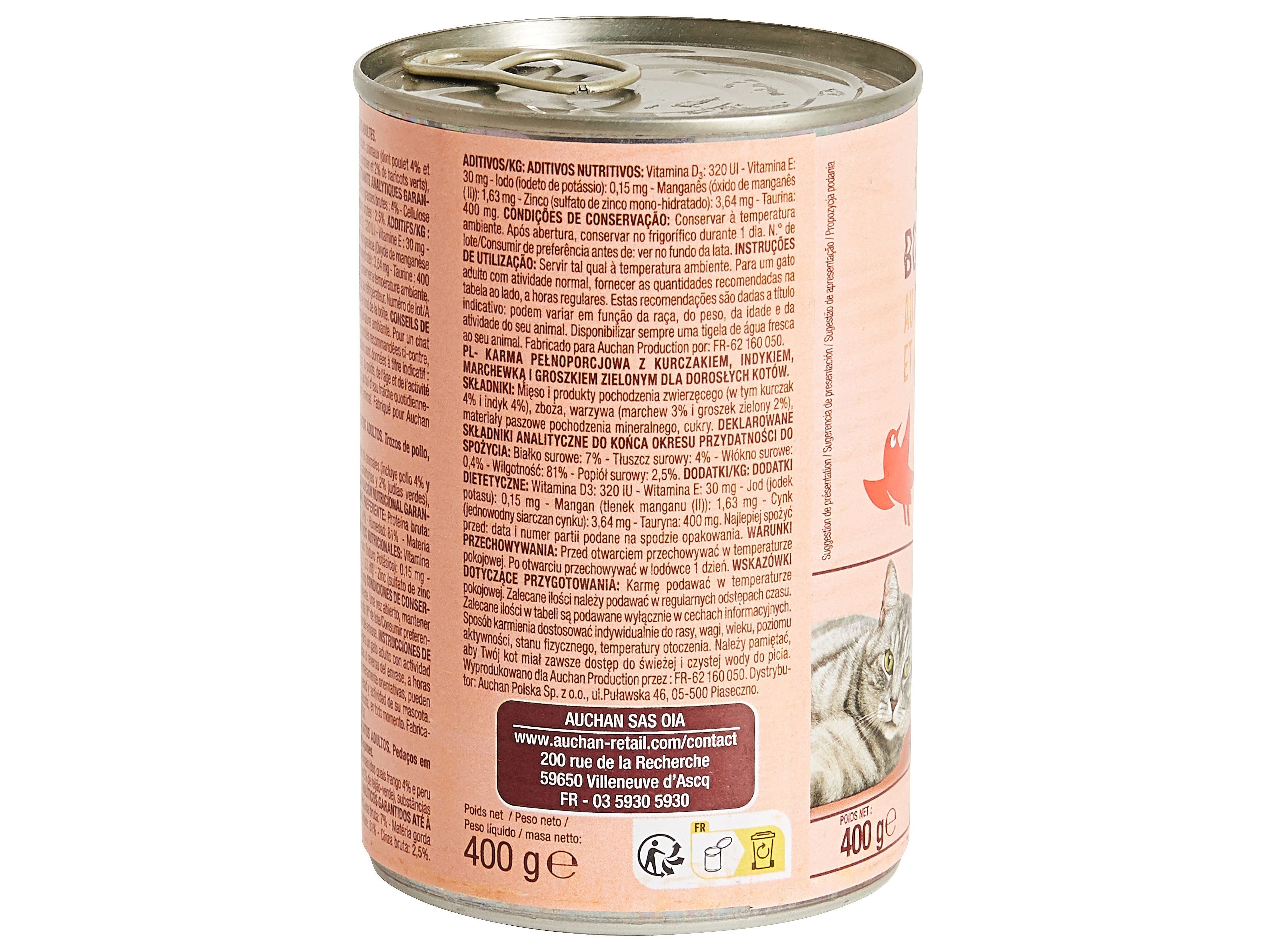 COMIDA HÚMIDA PARA GATO AUCHAN PEDAÇOS EM MOLHO COM FRANGO COM PERU E COM LEGUMES 400G