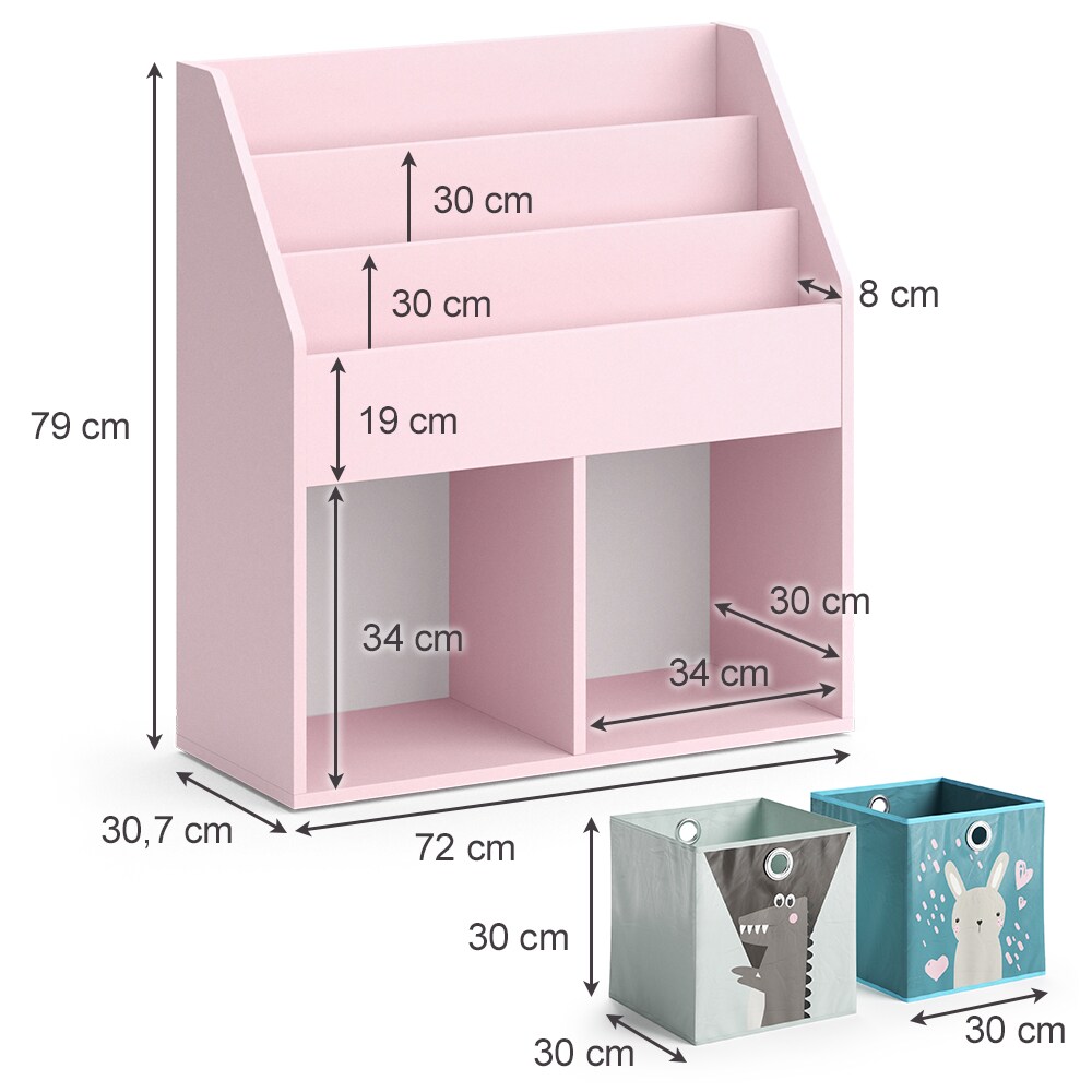 Vicco Kinderbücherregal Luigi 72 x 79 cm, Rosa, Kinderzimmerregal, mit Faltboxen