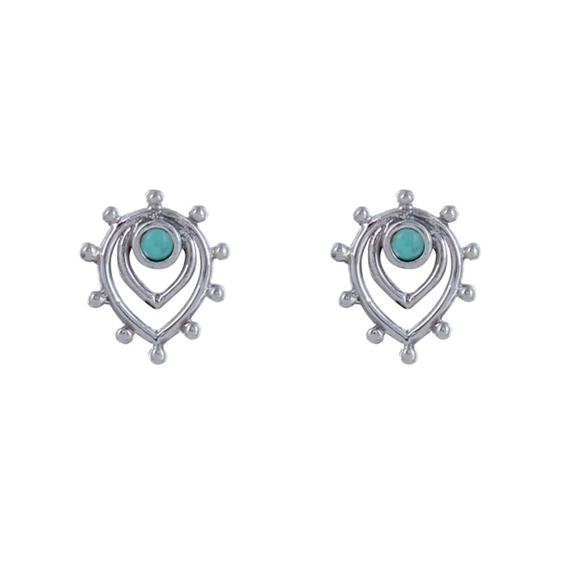 Boucles d'Oreilles Clous Argent Deux Gouttes Inversés et Petite Perle Turquoise