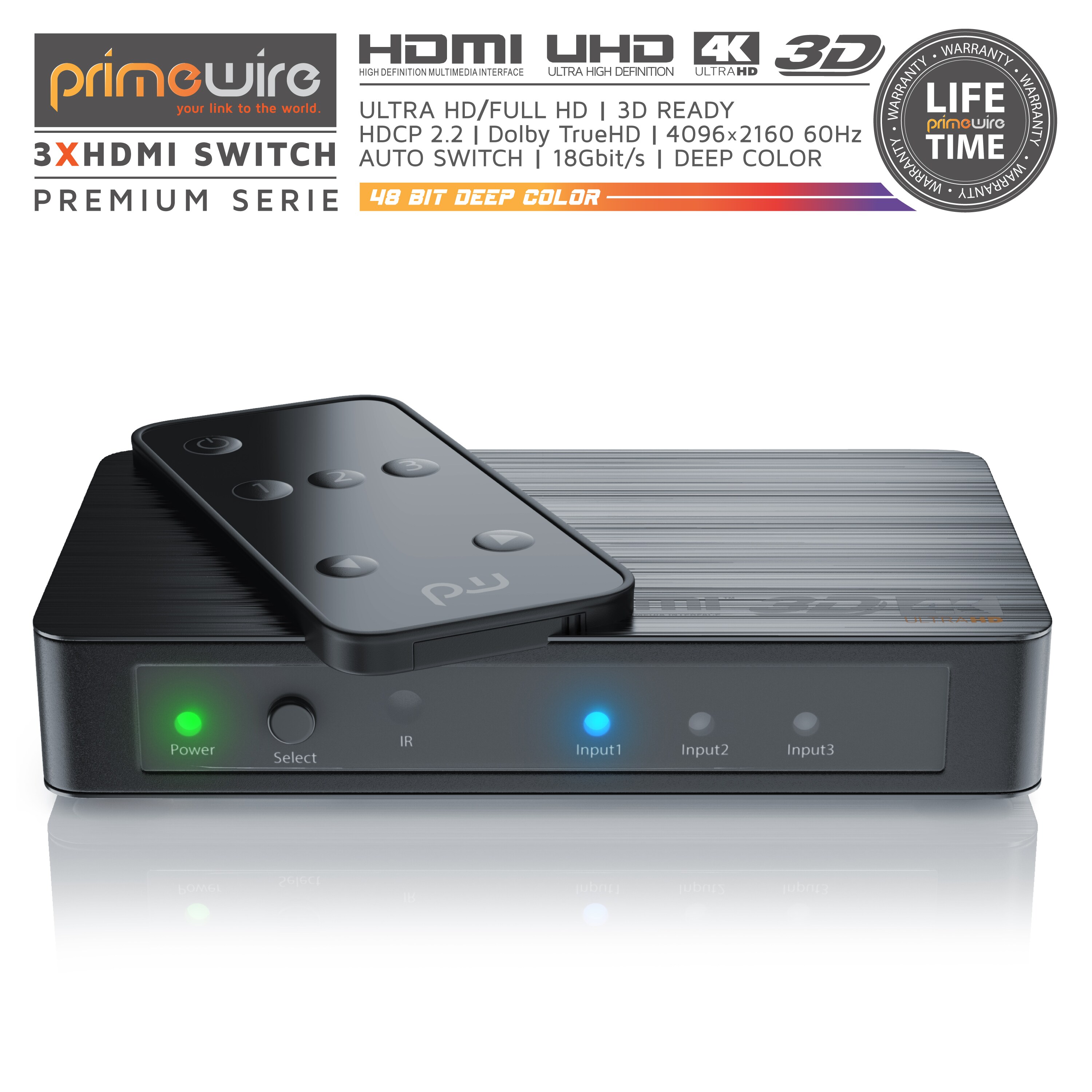 Primewire Ultra HD 4k 3-Port HDMI Umschalter inkl. Fernbedienung 3x HDMI IN / 1x HDMI OUT